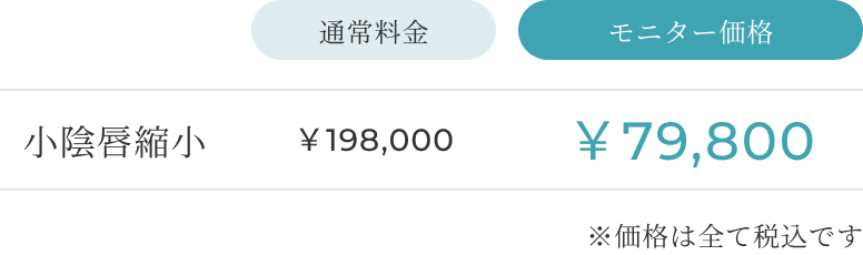 小陰唇縮小 通常料金￥198,000 / モニター価格￥79,800 ※価格は全て税込です